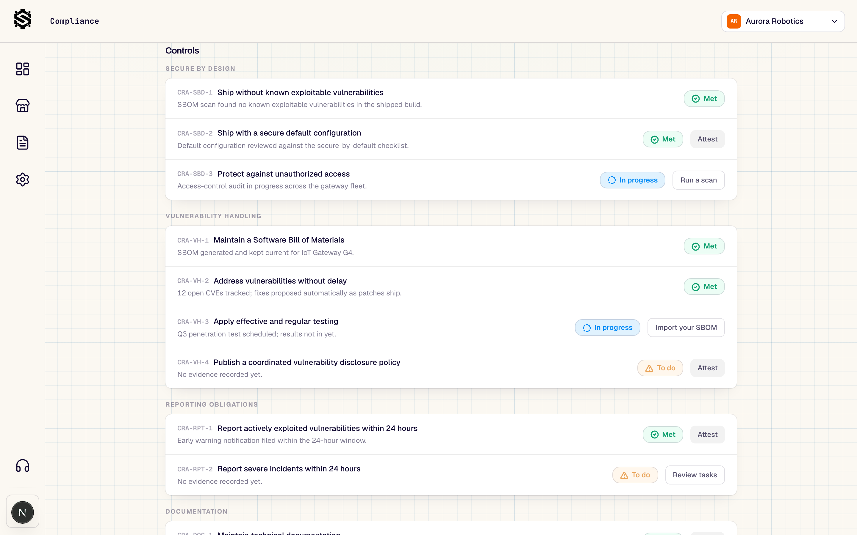 Scadable dashboard showing the CRA control register with met and open controls