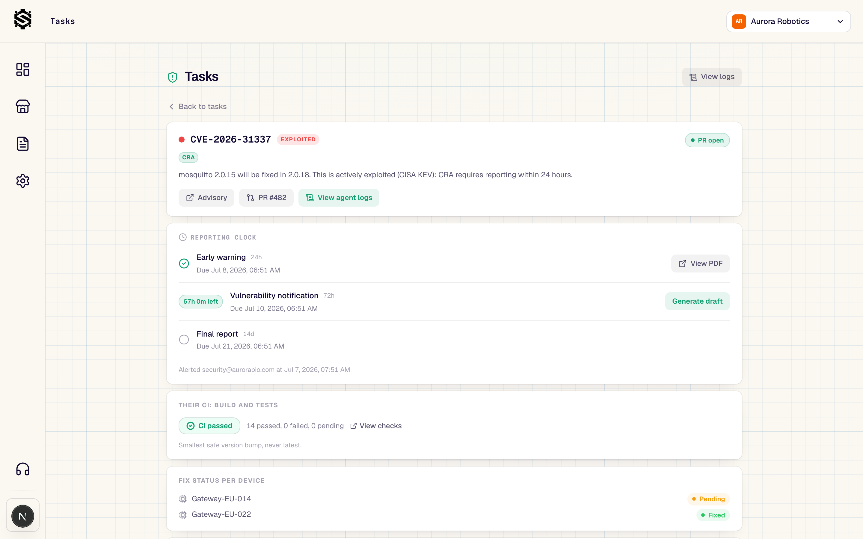 Scadable incident view showing the 24-hour, 72-hour, and 14-day CRA reporting clocks